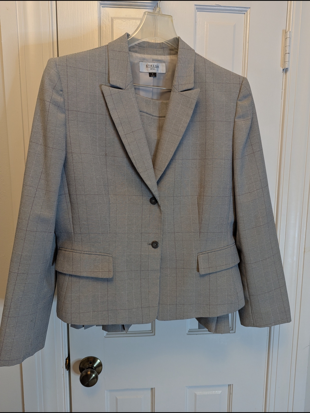 Stresa Light Gray Plaid 2pc Suit w/ Two-Button Blazer And Skirt